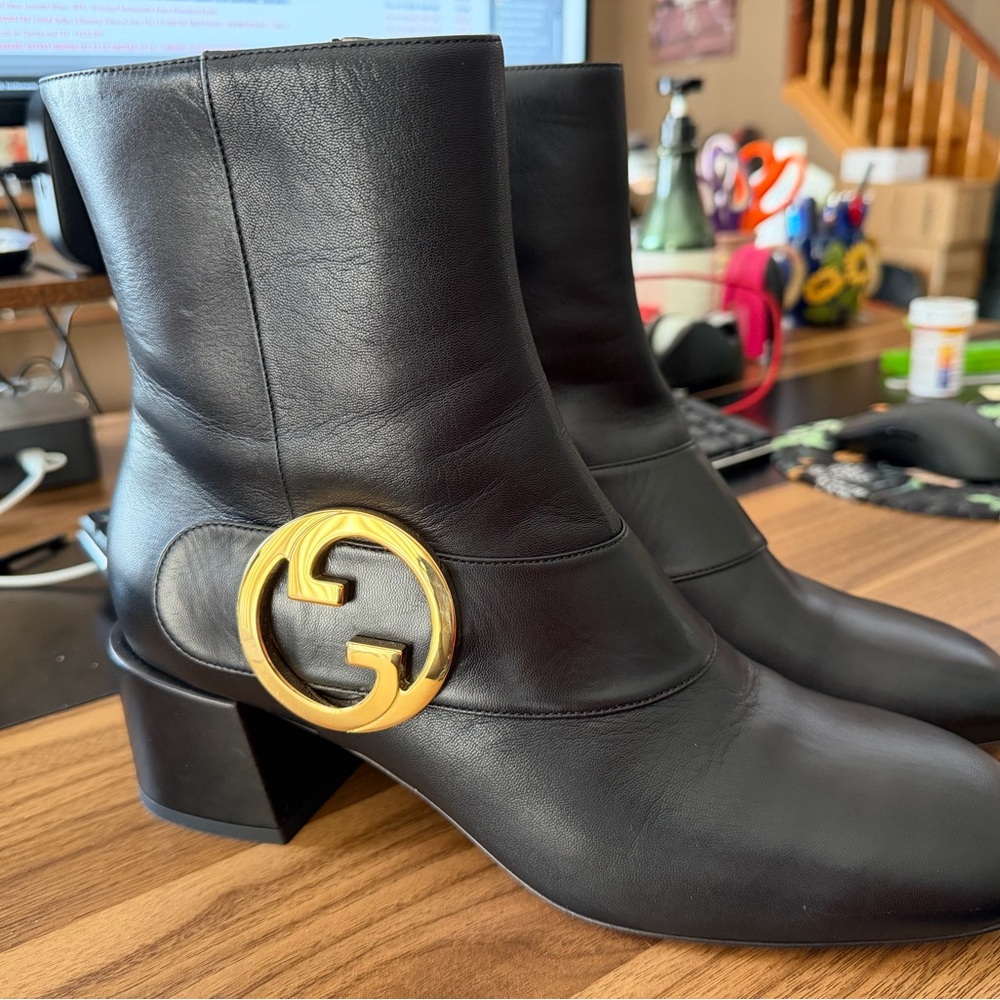 Gucci Black Ankle Boots with Gold Emblem